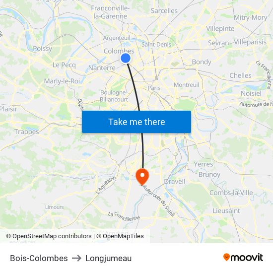 Bois-Colombes to Longjumeau map