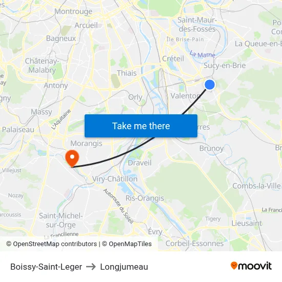 Boissy-Saint-Leger to Longjumeau map