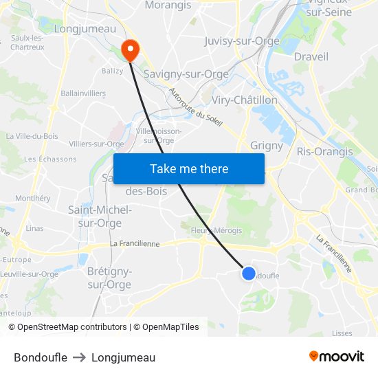 Bondoufle to Longjumeau map