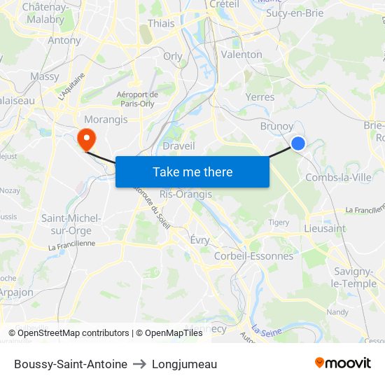 Boussy-Saint-Antoine to Longjumeau map