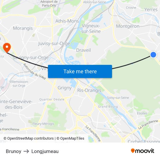 Brunoy to Longjumeau map