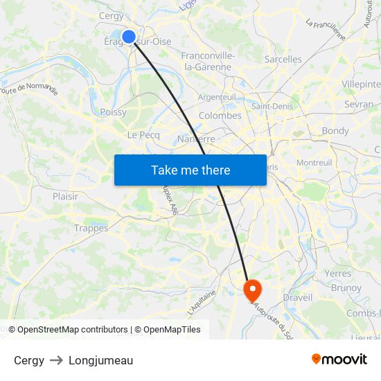 Cergy to Longjumeau map
