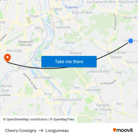 Chevry-Cossigny to Longjumeau map