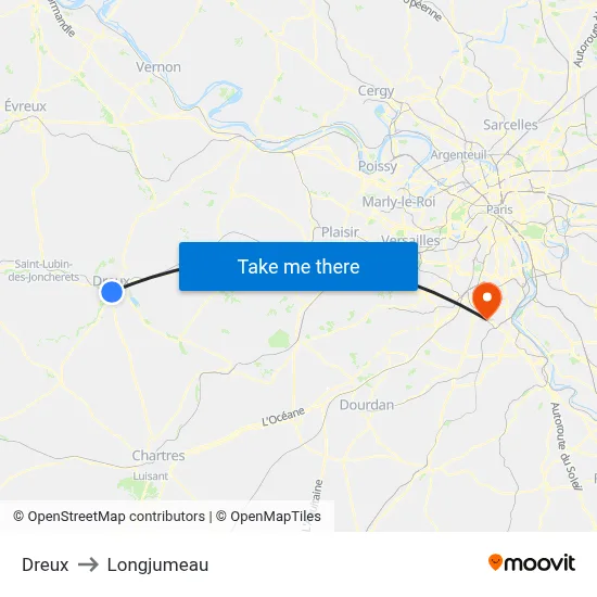 Dreux to Longjumeau map