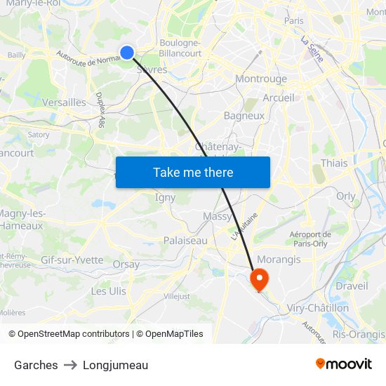 Garches to Longjumeau map