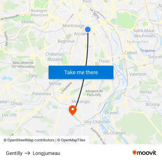 Gentilly to Longjumeau map