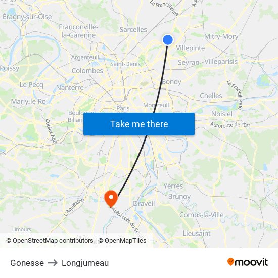 Gonesse to Longjumeau map