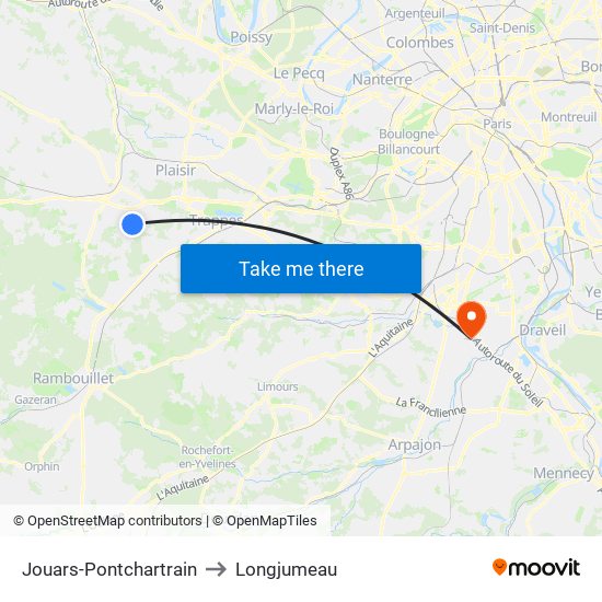 Jouars-Pontchartrain to Longjumeau map