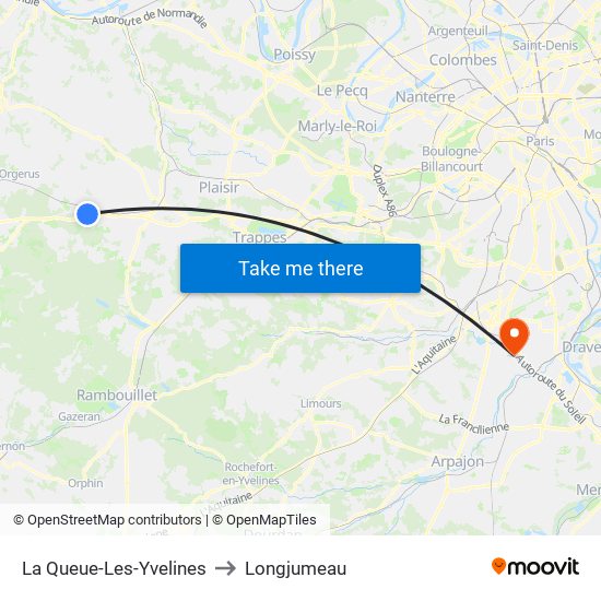 La Queue-Les-Yvelines to Longjumeau map