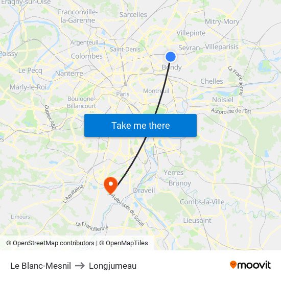 Le Blanc-Mesnil to Longjumeau map