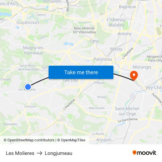 Les Molieres to Longjumeau map