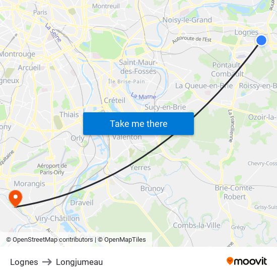 Lognes to Longjumeau map