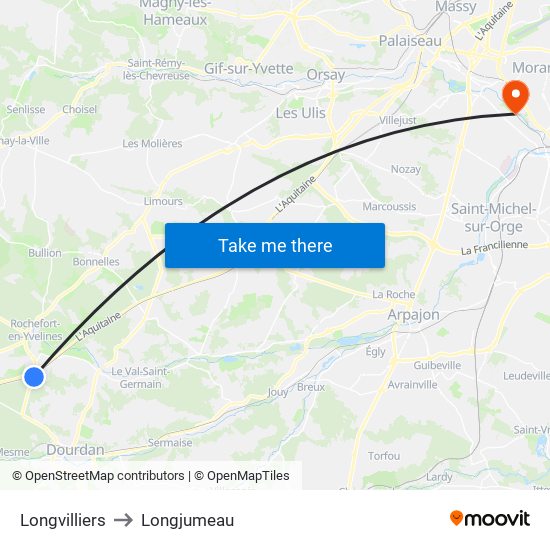 Longvilliers to Longjumeau map