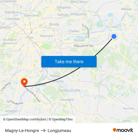 Magny-Le-Hongre to Longjumeau map