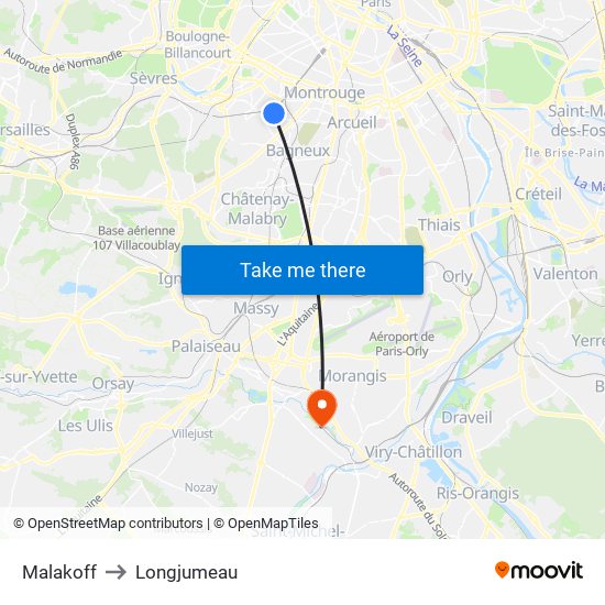 Malakoff to Longjumeau map