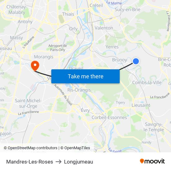 Mandres-Les-Roses to Longjumeau map