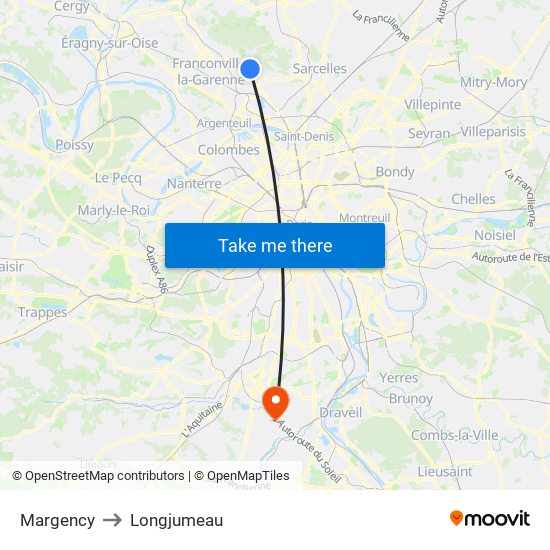 Margency to Longjumeau map