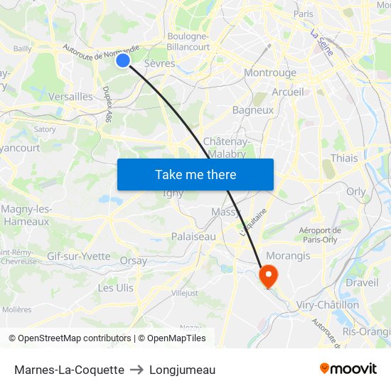Marnes-La-Coquette to Longjumeau map