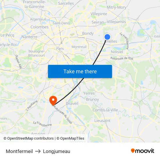 Montfermeil to Longjumeau map