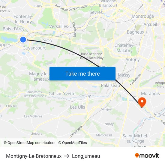 Montigny-Le-Bretonneux to Longjumeau map