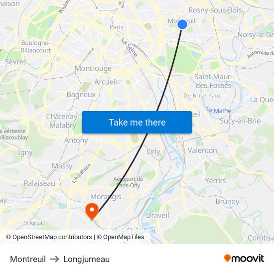 Montreuil to Longjumeau map
