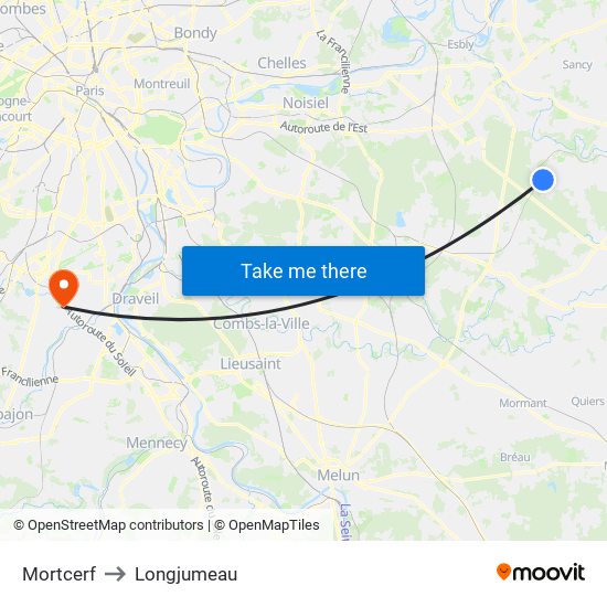 Mortcerf to Longjumeau map