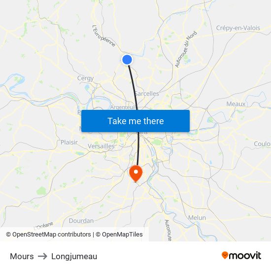 Mours to Longjumeau map