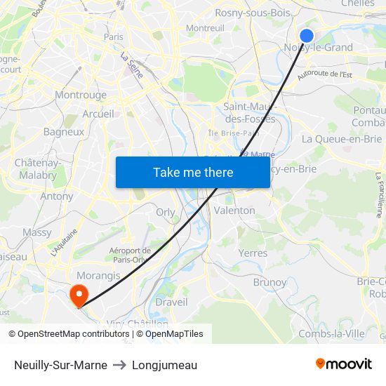 Neuilly-Sur-Marne to Longjumeau map