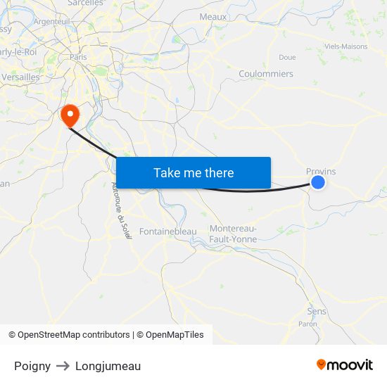 Poigny to Longjumeau map