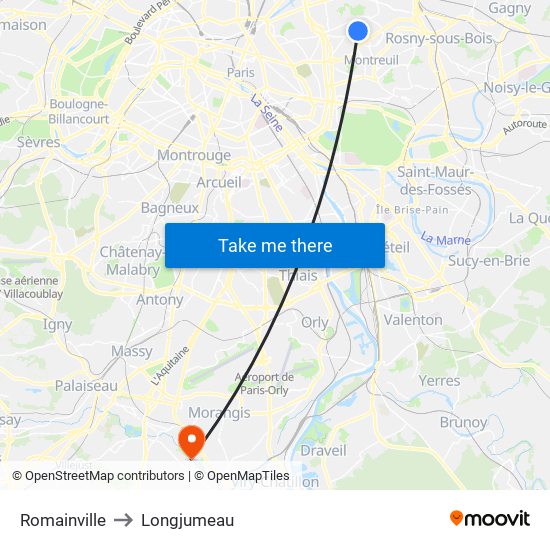Romainville to Longjumeau map
