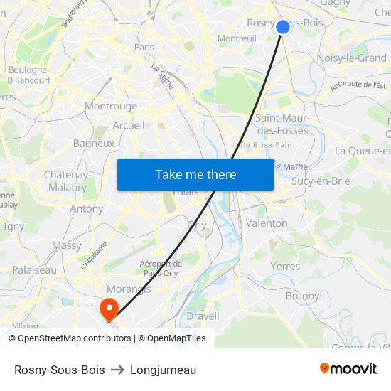 Rosny-Sous-Bois to Longjumeau map