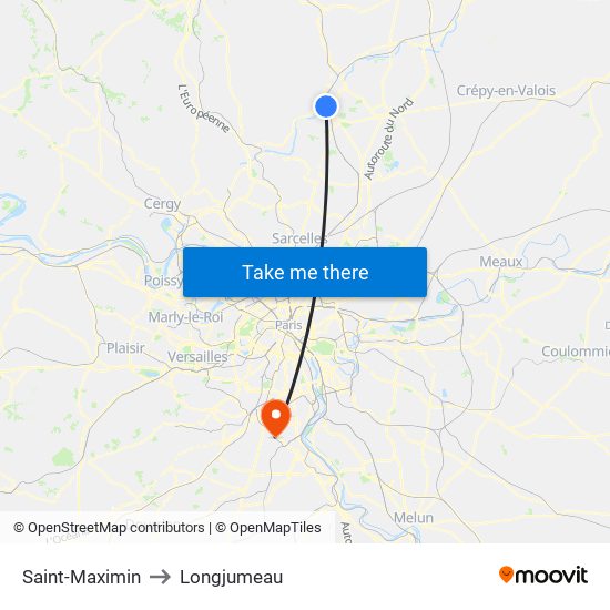Saint-Maximin to Longjumeau map