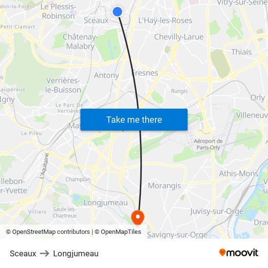 Sceaux to Longjumeau map