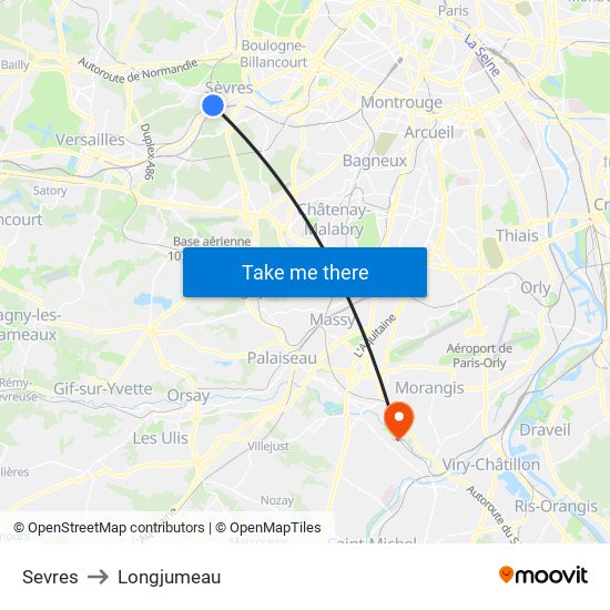 Sevres to Longjumeau map