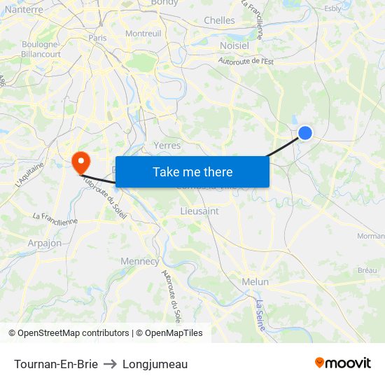 Tournan-En-Brie to Longjumeau map
