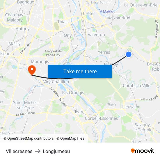 Villecresnes to Longjumeau map