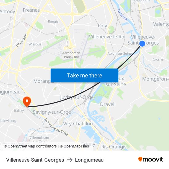Villeneuve-Saint-Georges to Longjumeau map