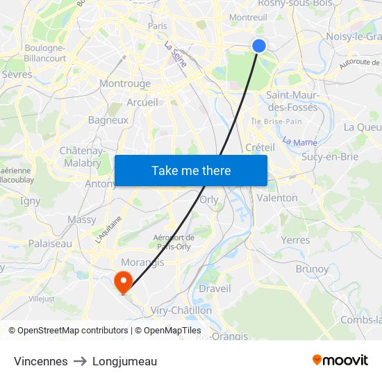 Vincennes to Longjumeau map