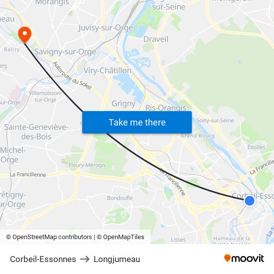 Corbeil-Essonnes to Longjumeau map