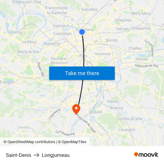 Saint-Denis to Longjumeau map