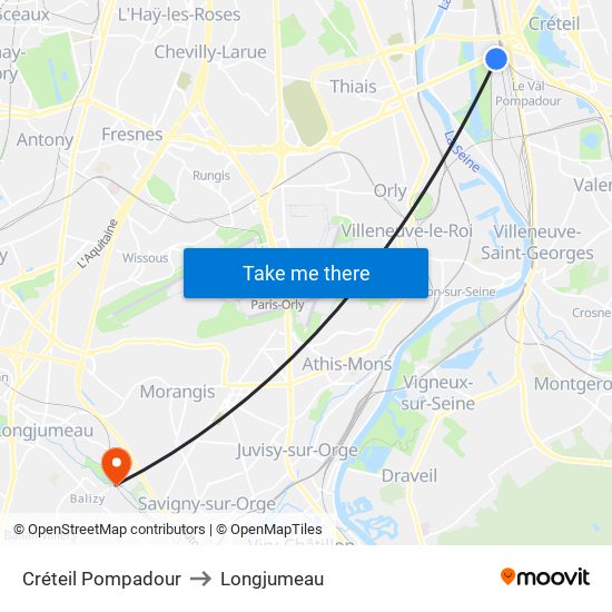 Créteil Pompadour to Longjumeau map