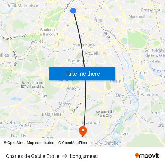 Charles de Gaulle Etoile to Longjumeau map