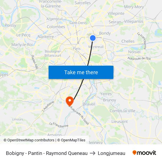 Bobigny - Pantin - Raymond Queneau to Longjumeau map