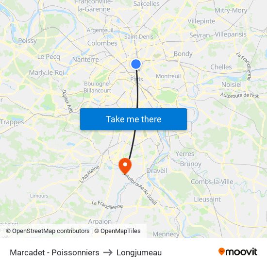 Marcadet - Poissonniers to Longjumeau map