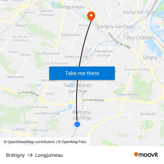 Brétigny to Longjumeau map