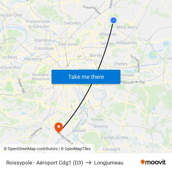 Roissypole - Aéroport Cdg1 (D3) to Longjumeau map