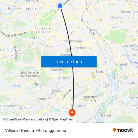 Villiers - Bineau to Longjumeau map