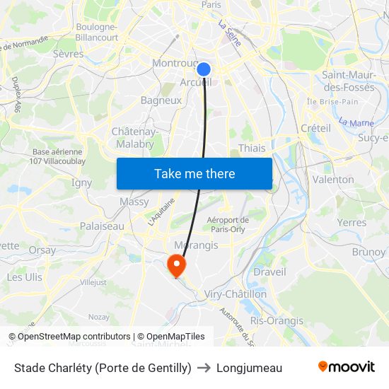 Stade Charléty (Porte de Gentilly) to Longjumeau map