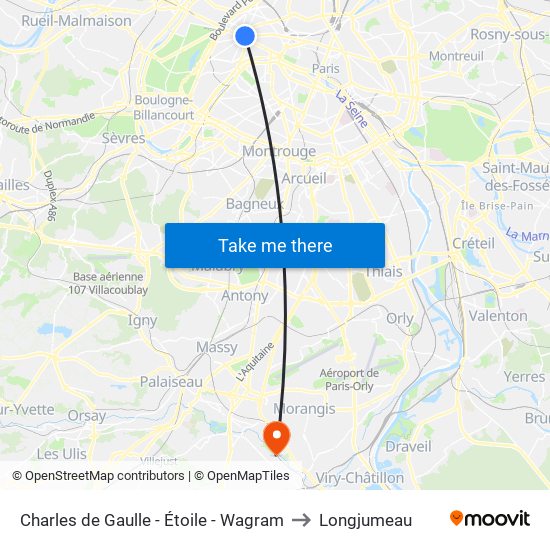 Charles de Gaulle - Étoile - Wagram to Longjumeau map