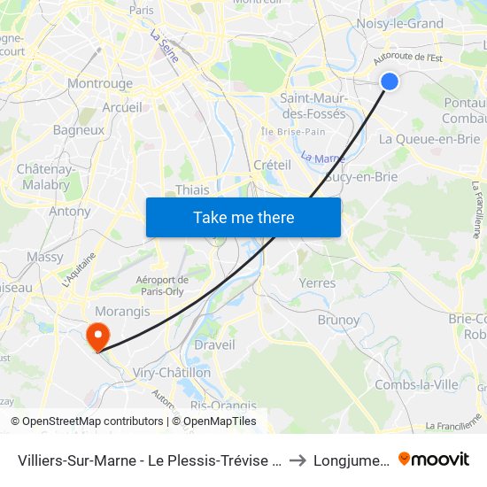 Villiers-Sur-Marne - Le Plessis-Trévise RER to Longjumeau map
